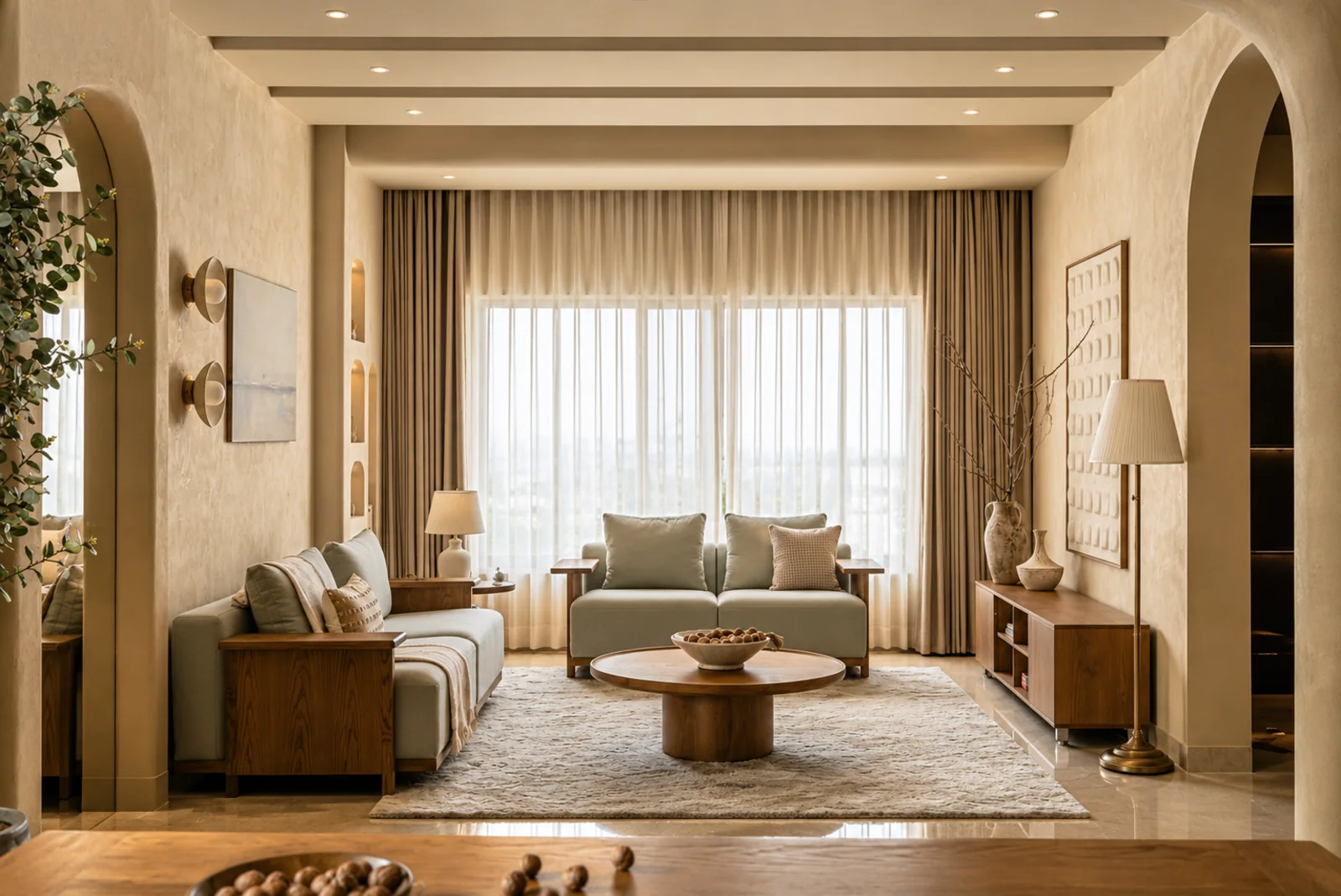 A warm minimalist living room with an arched alcove and concealed lighting