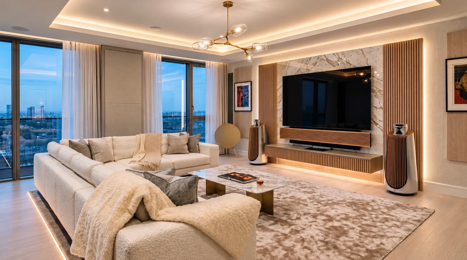 A living room at dusk with cove lighting, a marble media wall and a city skyline through the glazing