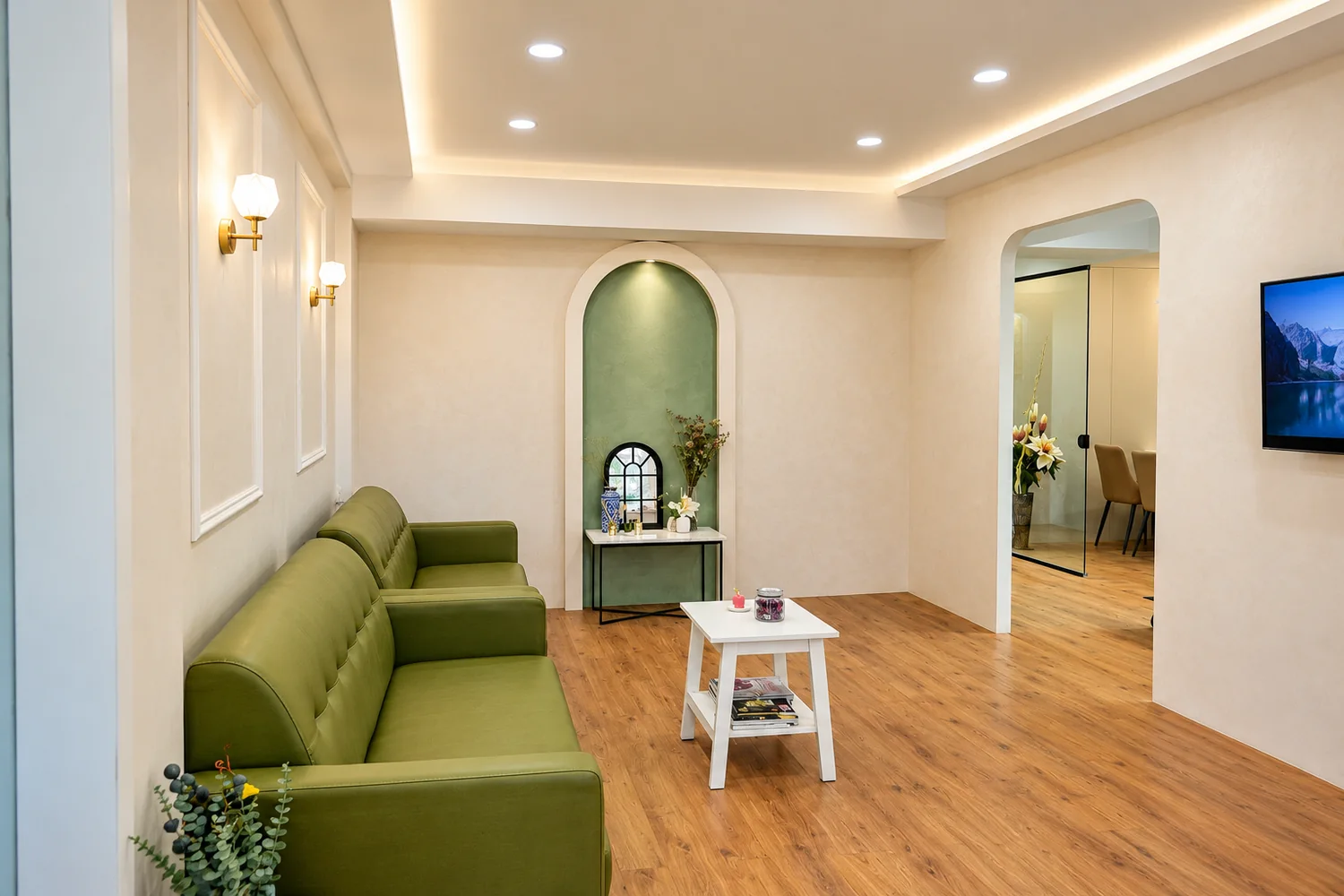 The reception of Ethicura Dental, lit by a recessed ceiling wash