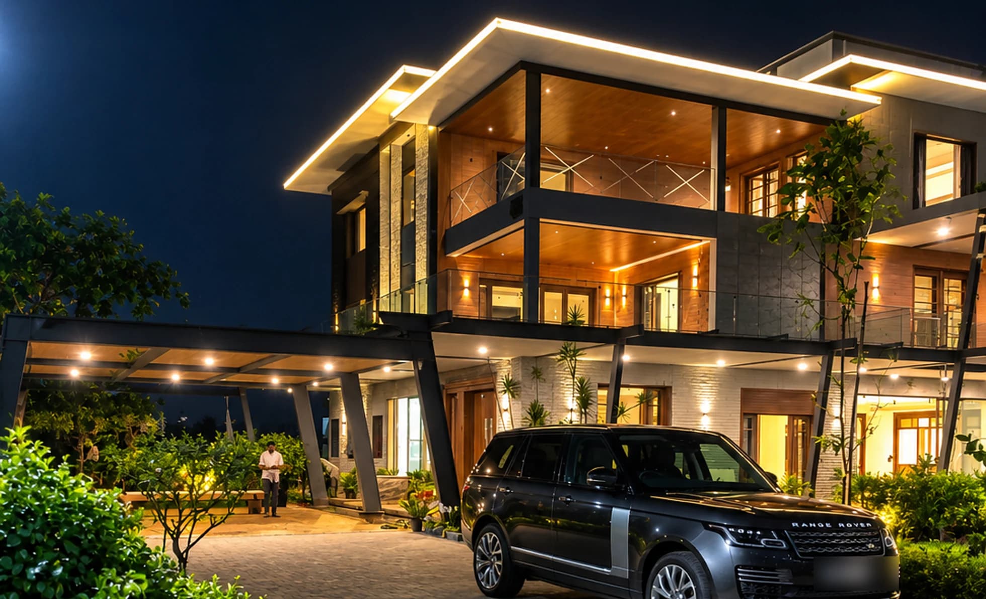 A two-storey villa at night with its roofline cove lighting, soffit downlights and facade uplights switched on